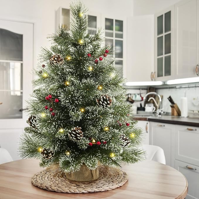 24" Mini Christmas Trees with Flocked Pine Needles, Pine Cones, Berries Decoration, 2 Ft Decorated Burlap Trees with 25 Led Lights, Kitchen Tabletop Artificial Pre Lit Christmas Tree