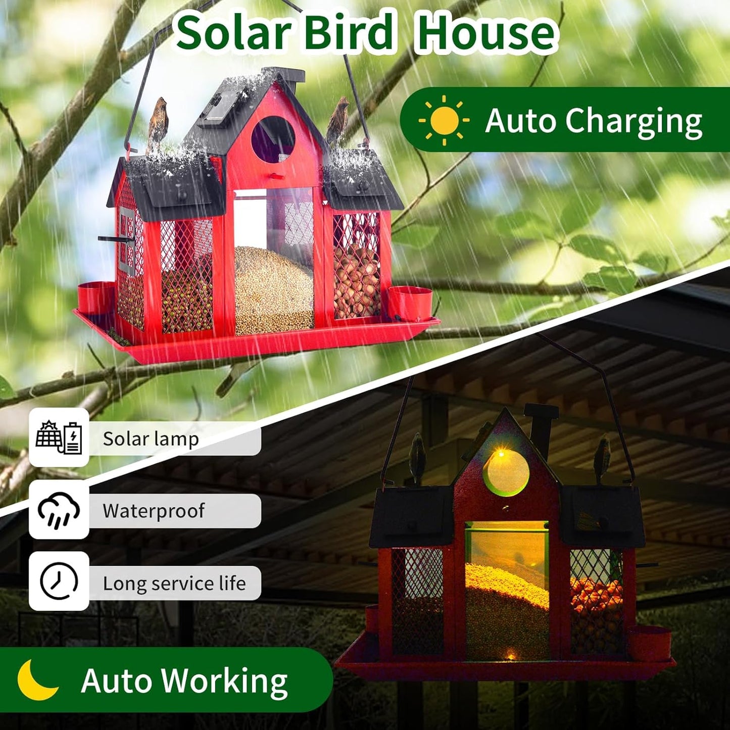 Solar Bird Feeders House for Outside Hanging, Metal Wild Bird Feeder for Outdoors, Large Cardinal Bird Feeder Birdhouses Squirrel Proof (Red)