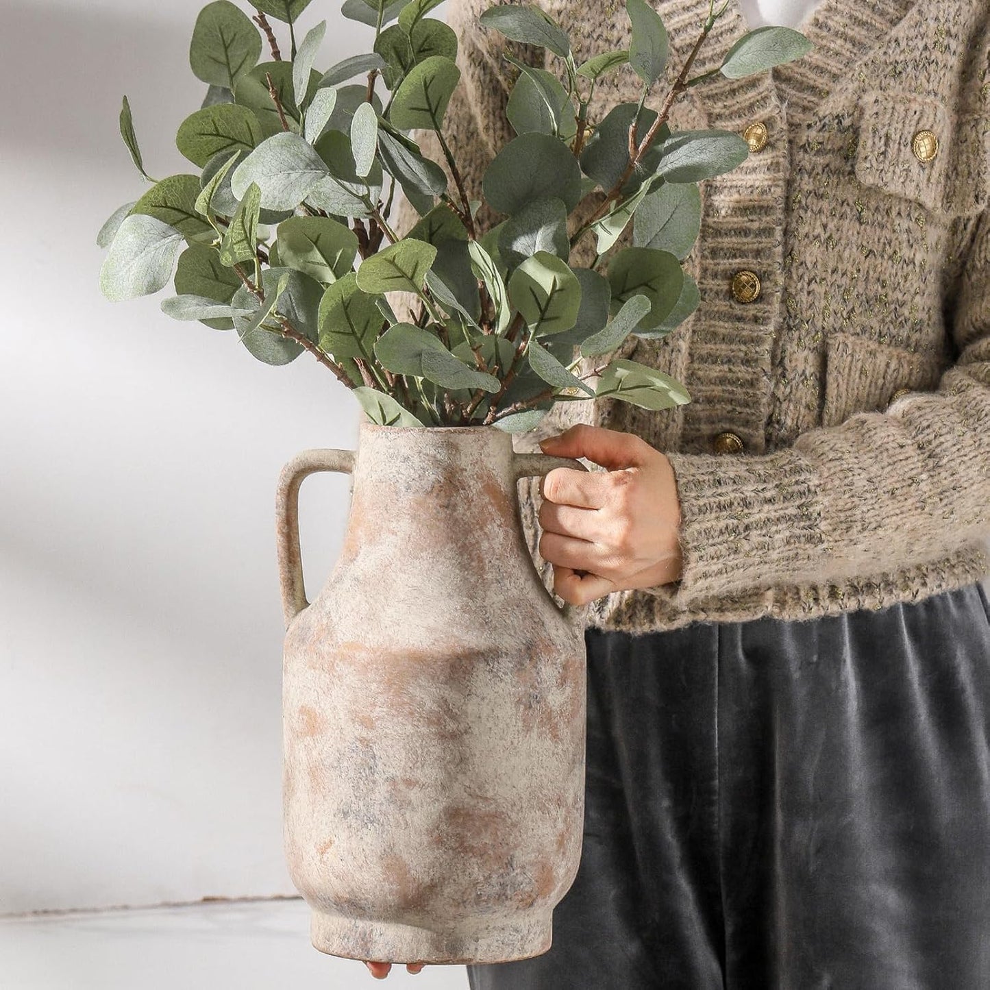 Mitt&Ditt Ceramic Flower Vase with Handles, 11 inch Tall Vase for Centerpieces, Large Decorative Terracotta Vases, Farmhouse Rustic Vases for Home Decor, Living Room, Table, Neutral