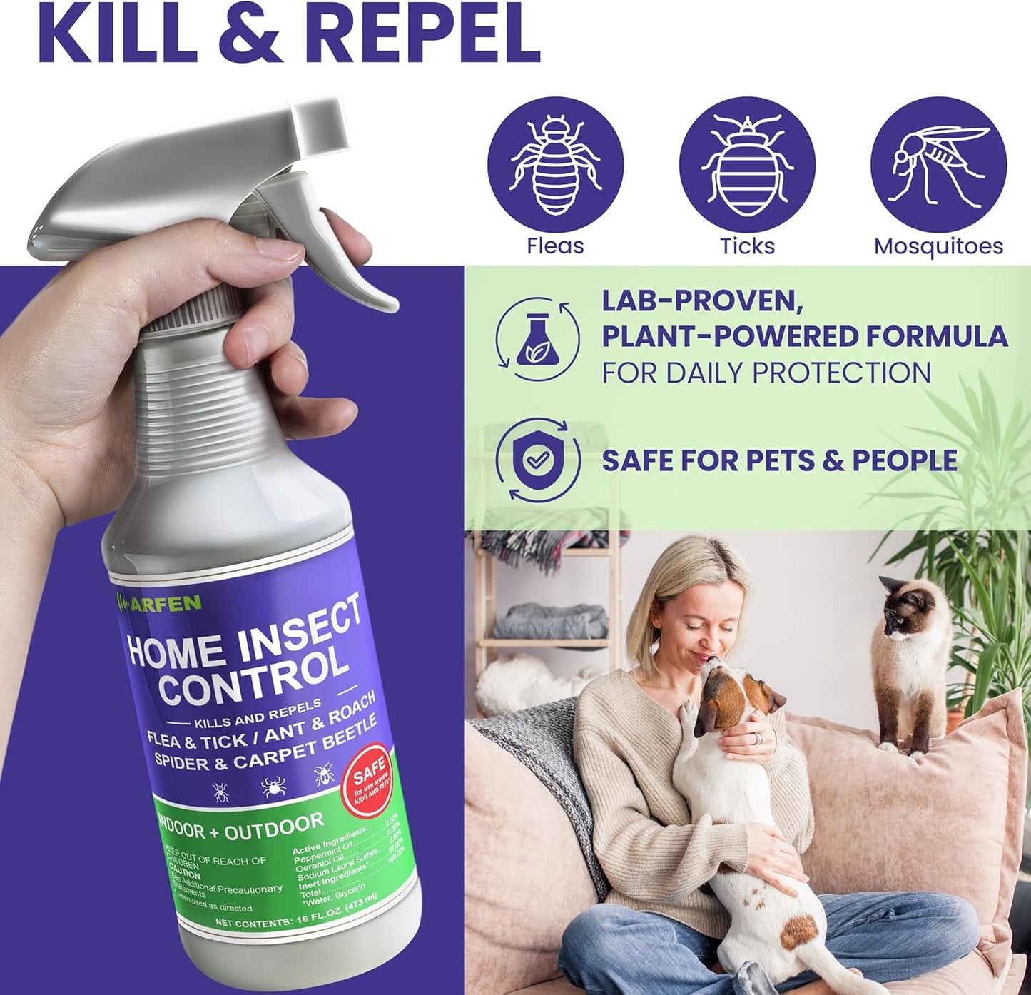 Home Insect Pest Control Spray 16oz – Kills & Repels Fleas, Ticks, Ants, Roaches, Spiders, Bed Bug and More on Contact with Peppermint Oil; Natural Safe and Effective Indoor & Outdoor Solution