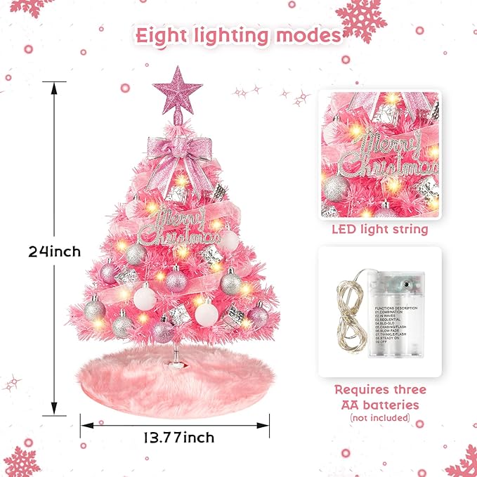 MACTING Mini Christmas Tree with 40 Lights, 2 FT Table Top Tree with Christmas Balls, Small Artificial Tree with Merry Christmas 8 Lighting Modes for Fireplace Desktop Home Indoor Xmas Decor(Pink)
