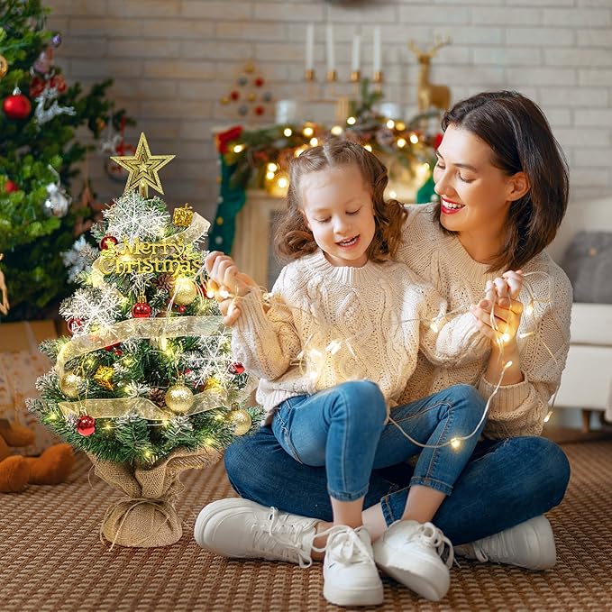 Tabletop Mini Artificial Christmas Tree with LED Lights, Star Topper, and Hanging Ornaments - 24 Inch Small Christmas Tree for Holiday DIY Decorations