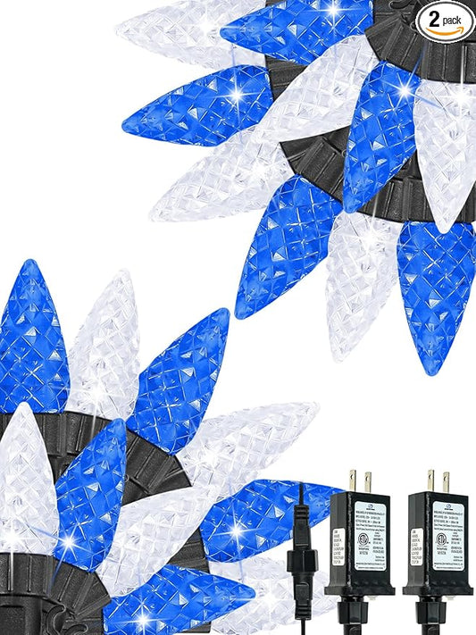 2 Pack C6 Christmas Lights Outdoor Indoor, Total 200 LED 66 FT Connectable Christmas String Lights with Timer & 13 Modes, Waterproof Twinkle Light for Xmas Tree Party Wedding Decor (Blue and White)