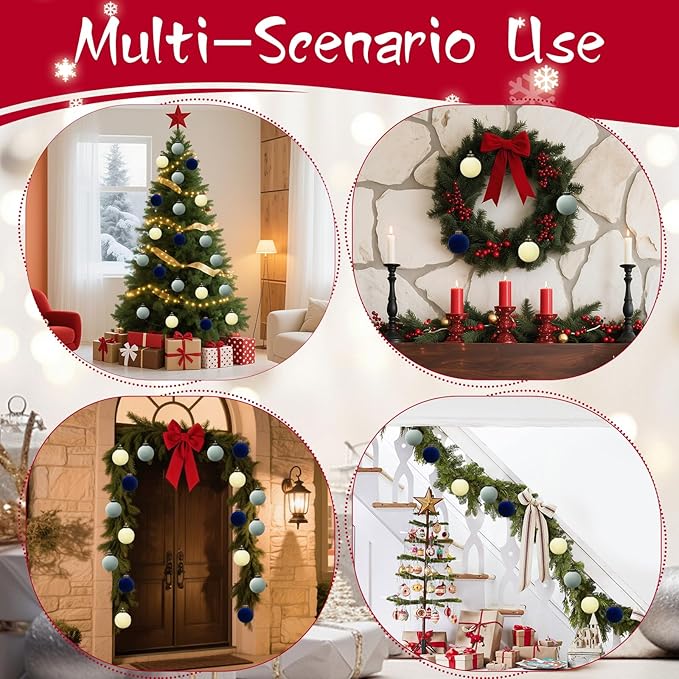 12 Pcs Velvet Christmas Balls Bulk Shatterproof Plastic Christmas Tree Decorations for Decorative Hanging Baubles (12, Beige、Haze Blue、Navy Blue, 3.94Inch)