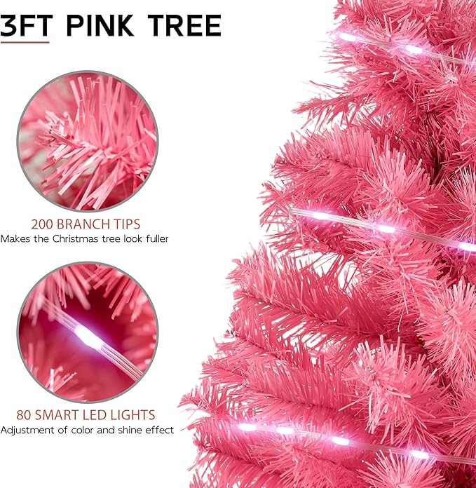 Pink 3ft Christmas Tree with Lights, Small 36inch Artificial Tree Mini Table Top Decorations, Xmas Desk Tree with 80 Colored Lights, 200 Branch, Holiday Decor for Home,Indoor Office Tabletop