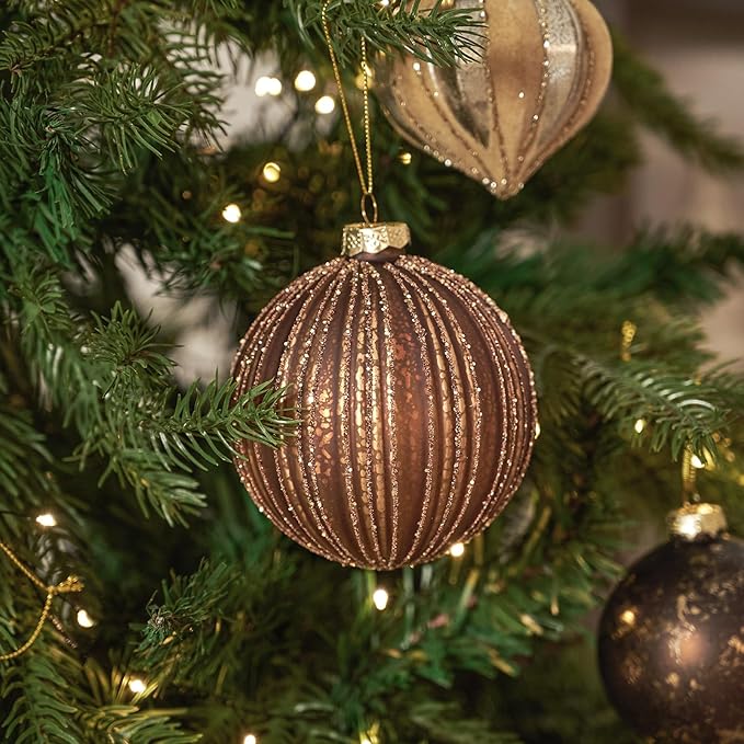 DN DECONATION 4PCS Christmas Ball Ornaments – 4” Brown Glass Hanging Ball Ornaments Set for Christmas Tree with Shimmering Gold Lines, Winter Decor Holiday Decorations Xmas Gifts