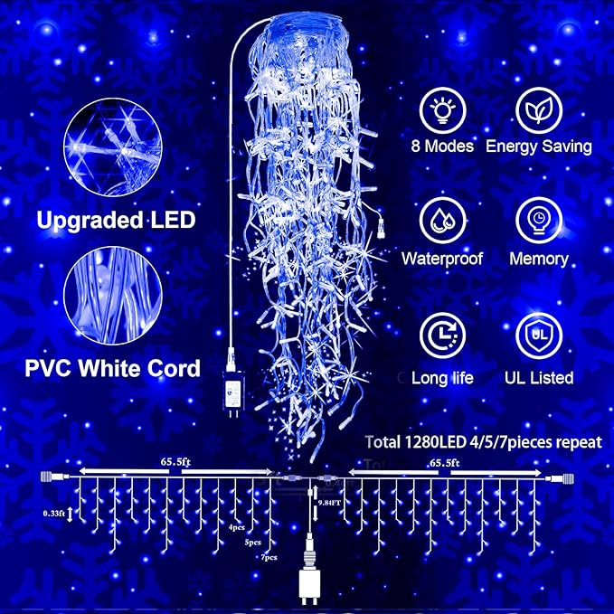 JXLEDAYY Christmas Lights Super Long 1280 LED 131 FT LED String Lights with 240 Drops Plug in 8 Modes Christmas Decoration for Holiday Wedding Party Bedroom Garden Patio Outdoor Indoor (Blue)