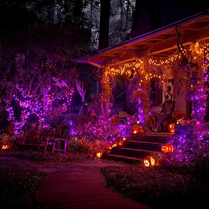 Dazzle Bright Halloween String Lights, 600 LED 196 FT Waterproof Black Wire String Lights with 8 Lighting Modes, Halloween Decorations Outdoor for Party Yard Garden Decor, Purple and Orange