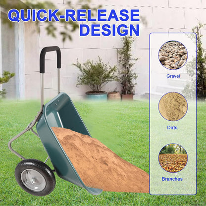 Dual Wheel Wheelbarrow, Heavy Duty Garden Cart, 300 lbs Capacity Utility Cart with Two 15 inches Pneumatic Tires for Outdoor Lawn Yard Farm Ranch (Green)