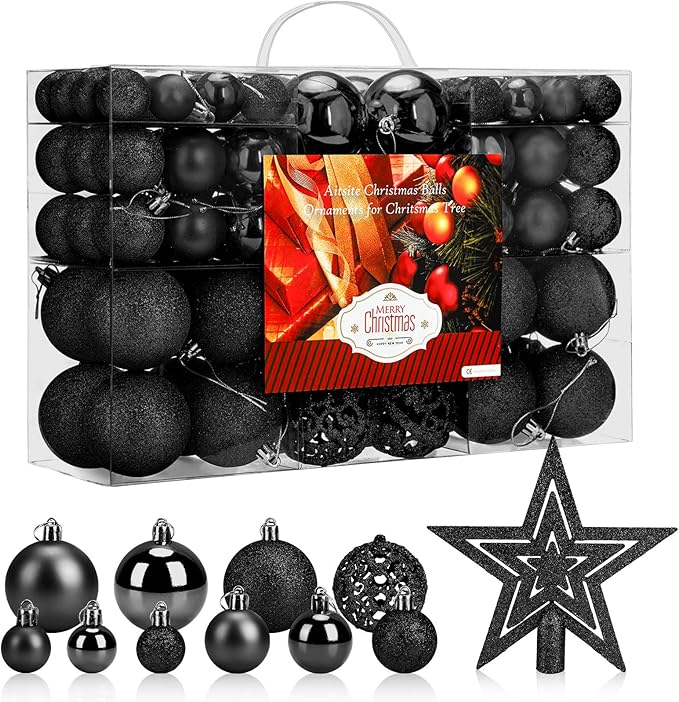 Aitsite 100 Pack Christmas Tree Ornaments Set Mini Shatterproof Holiday Ornaments Balls for Christmas Decorations (Black)