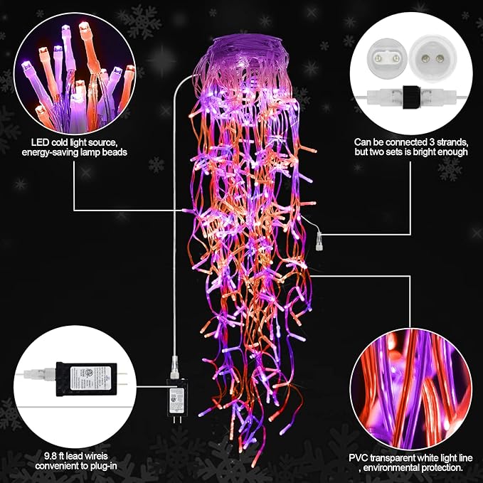 JXLEDAYY 65 FT 640 LED Halloween Lights Outdoor Decorations Clear Wire String Lights Plug in 120 Drops 8 Modes Memory Timer Curtain Fairy Lights Waterproof for Holiday Wedding Party-Orange and Purple