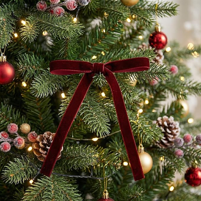 36 Pcs Velvet Christmas Tree Bows Decor, Vintage Wreath Bow for Christmas Garland, Gift Wrapping, Xmas Tree, 3/8'' Wide, 5 * 7 inch (Burgundy Red)