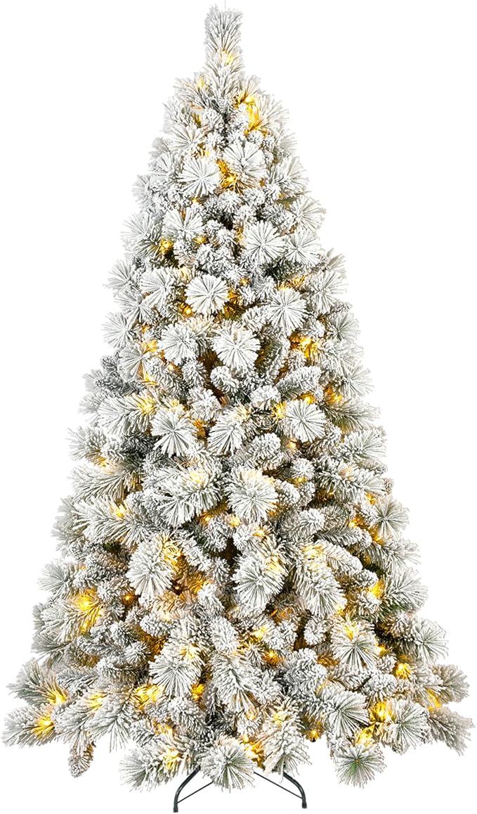 Flocked Christmas Tree 7ft, Premium Prelit Christmas Tree - Trees with Lights-White Snow Flocked Pre-lit Trees