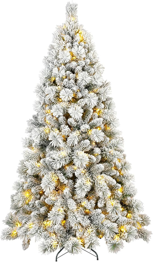 Flocked Christmas Tree 7ft, Premium Prelit Christmas Tree - Trees with Lights-White Snow Flocked Pre-lit Trees