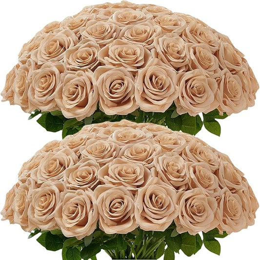 50pcs Beige Roses Artificial Flowers Bulk Fake Roses Silk Flower with Stems Realistic Flowers for Wedding Centerpiece Party Birthday Decor