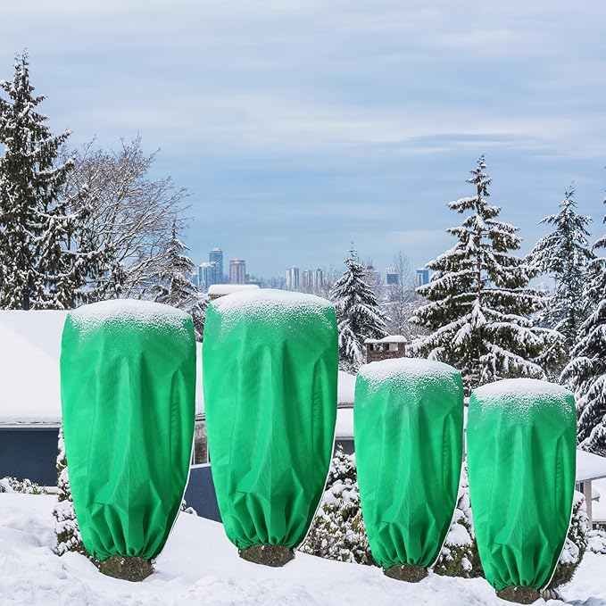 4 Pcs Plant Covers Freeze Protection 2 Size 47" x 32" and 71" x 47" Reusable Plant Protector with Zipper and Drawstring, Winter Bush Covers Freeze Protection from Cold Sun Frost Wind(Green)