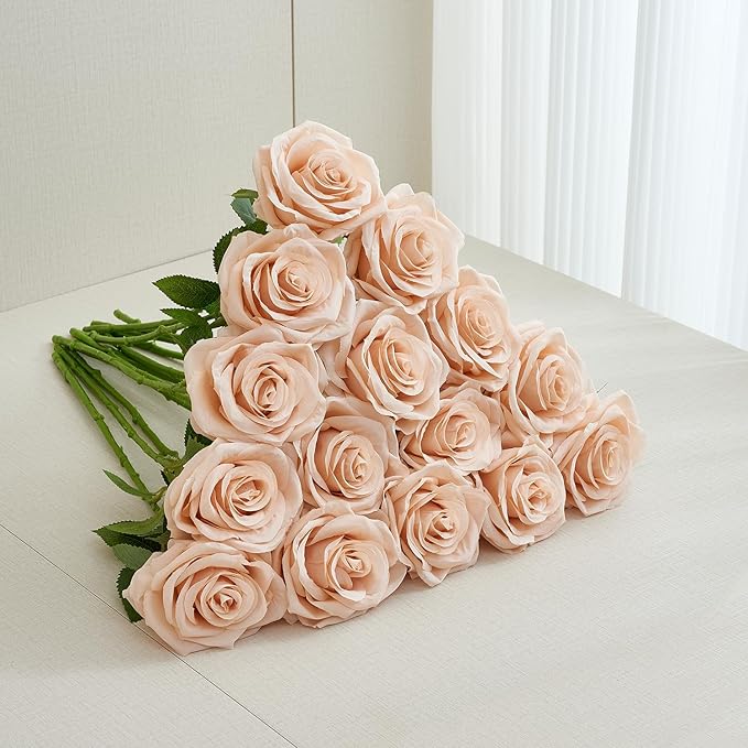 15pcs Fake Roses Artificial Silk Flowers Faux Rose Flower Long Stems Bouquet for Arrangement Wedding Centerpiece Party Home Kitchen Decor
