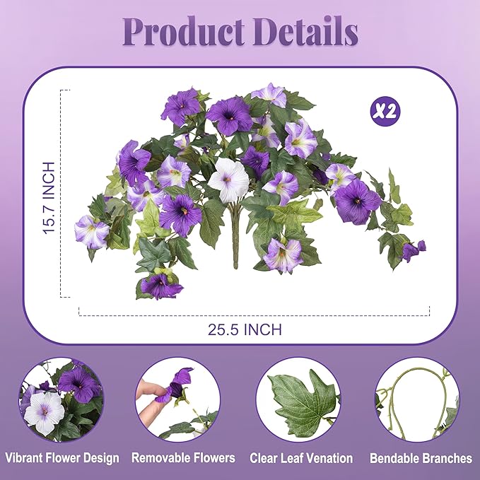 Artificial Fake Flowers Plants for Outdoor Decoration, 2PCS Faux Petunias Silk Flower UV Resistant No Fade for Home Outside Garden Balcony Yard Porch Realistic Indoor Decor (Purple White)