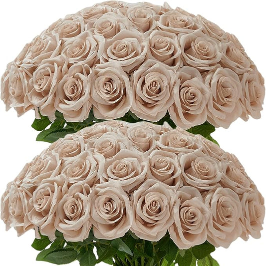 50Pcs Nude Roses Artificial Flowers Artificial Silk Roses Bulk,Fake Roses Flower with Stems Realistic Flowers for Wedding Centerpiece Home Party Decor