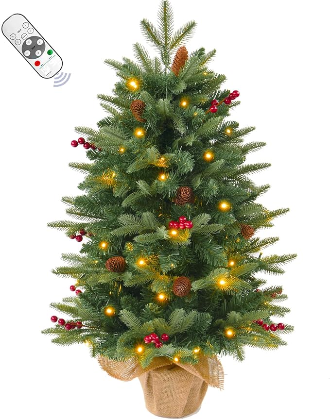 3FT Pre-lit Artificial Small Mini Christmas Tree with Warm White Multi-Color LED Lights, Remote Control and Timer, Perfect for Xmas Tabletop Decorations, Home, Kitchen, Dining Table