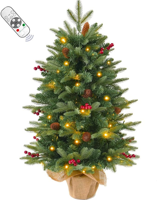 3FT Pre-lit Artificial Small Mini Christmas Tree with Warm White Multi-Color LED Lights, Remote Control and Timer, Perfect for Xmas Tabletop Decorations, Home, Kitchen, Dining Table