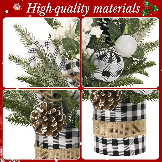 Small Christmas Tree for Tabletop, Artificial Mini Christmas Tree Decorations with White Berry Pine Cone Pine Picks, Xmas Ornaments Indoor Home Holiday Decor (Black)