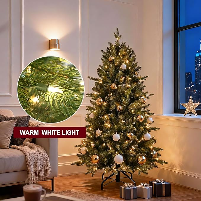 4FT Pre-Lit Artificial Christmas Tree with 628 PE&PVC Mixed Branch Tips, 200 Warm White Lights, Hinged Premium Spruce Fake Xmas Trees, Green, Foldable Base
