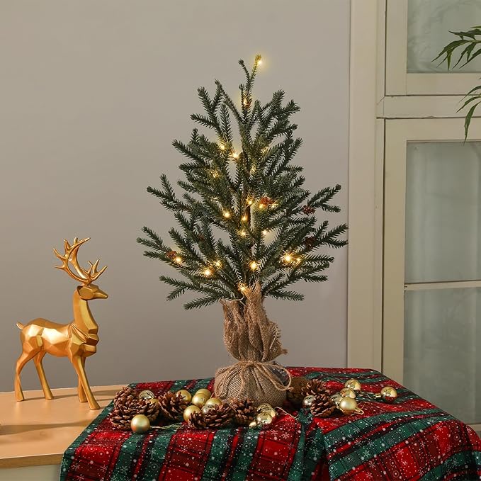 22" Mini Christmas Tree, Small Artificial Tabletop Christmas Trees Decor with Lights, Outdoor Indoor Porch Table Centerpieces Xmas Christmas Decorations