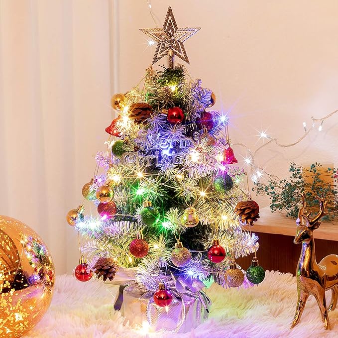 XmasExp 20in Mini Christmas Tree Artificial Small Christmas Tree with LED Light, Star Treetop,Ornaments Balls,Bells and Pine Cones DIY Tabletop Xmas Decorations