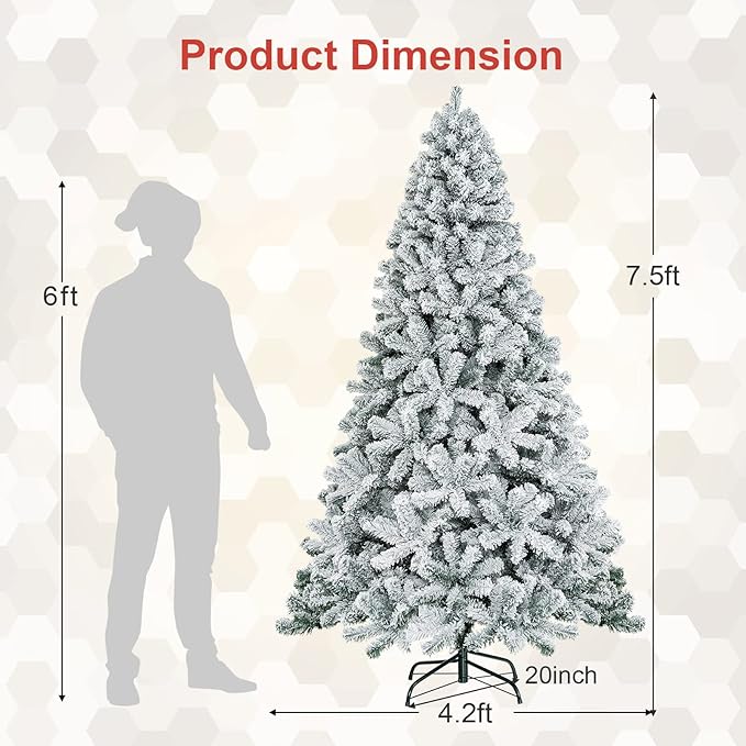 COSTWAY 7.5 FT Snow Flocked Christmas Tree, Artificial Holiday Hinged Pine Tree with 1010 Branch Tips, Solid Metal Stand, Premium Xmas Full Fake Tree for Home, Office, Party Decoration