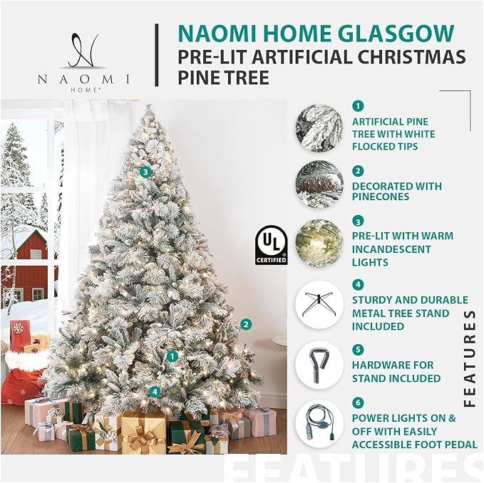 Naomi Home 4.5ft Christmas Tree with Lights, Realistic Spruce Christmas Tree Prelit with Foot Pedal, 674 Branch Tips, 250 Warm Lights and Metal Stand, Aritificial Xmas Tree, Árbol De Navidad