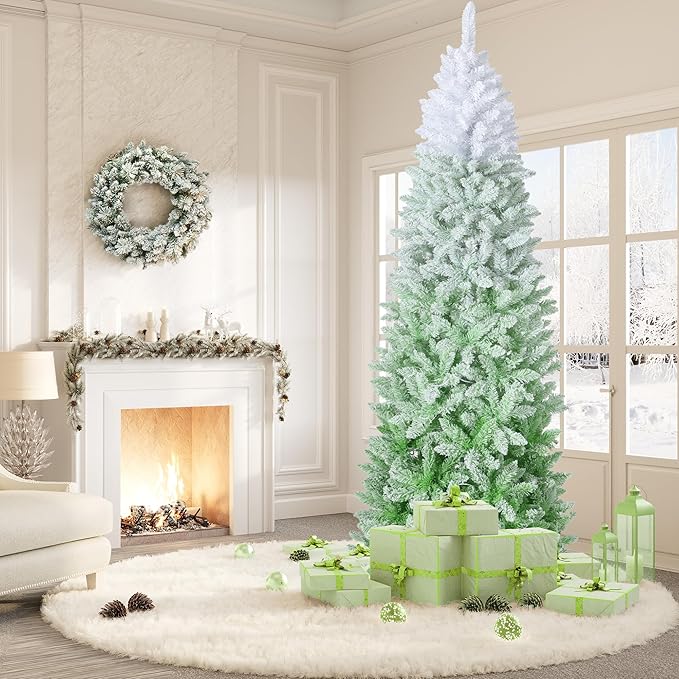 GAOMON 6Ft Pencil Christmas Tree Artificial Slim Xmas Trees Skinny Christmas Tree Decorations Fake Flockeds, White & Green Gradient