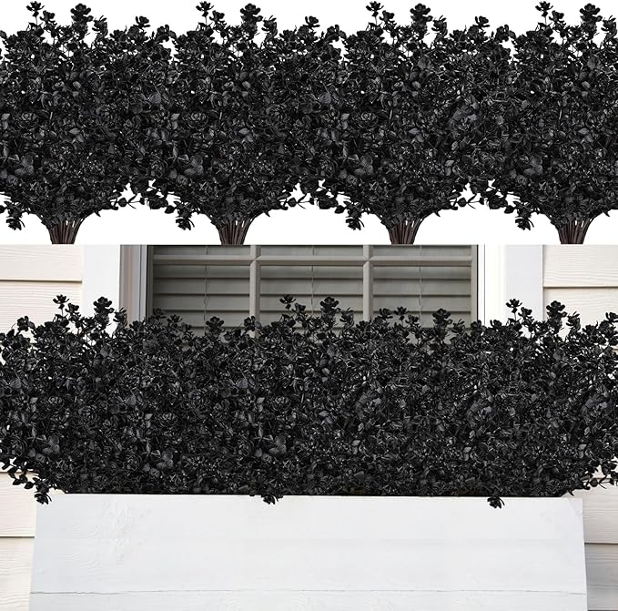 AmyHomie 16 Bundles Black Eucalyptus Artificial Flowers for Outdoor UV Resistant Faux Flowers No Fade Fake Plastic Plants Garden Porch Window Box Decorating