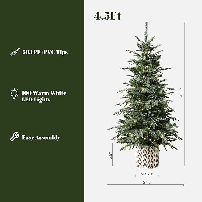 LuxenHome 4.5FT Small Christmas Tree, Prelit Slim Potted Christmas Trees with 100 Warm White LED Lights, Lighted Slender Fir Tree with Planter Pot, Small Faux Holiday Tree for Home Display