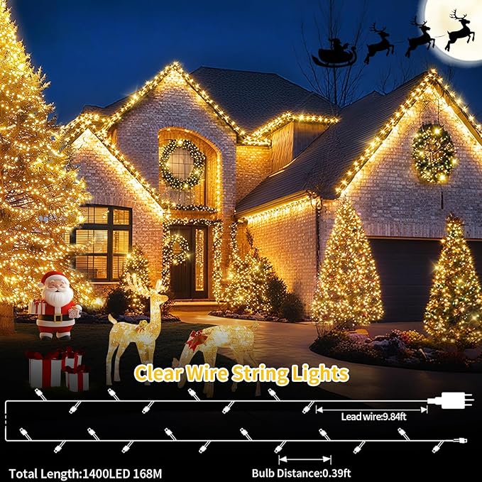 552 FT 1400 LED Christmas Lights Outdoor Decorations Super Long Fairy String Waterproof 8 Modes Timer Clear Wire for Outside House Tree Patio Yard Wedding Party Holiday-Warm White