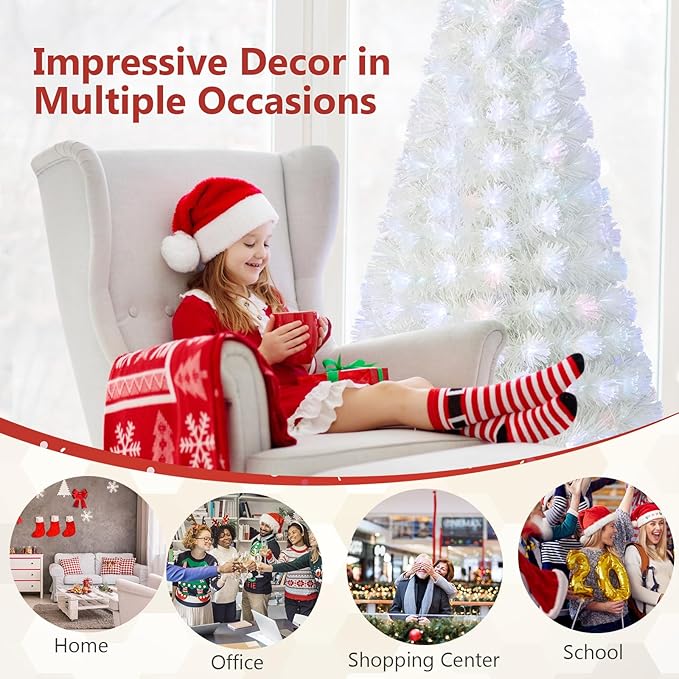 HAPPYGRILL 7FT Pre-lit Fiber Optic Christmas Tree, White Snow-Flocked Artificial Xmas Tree with 270 Branch Tips, 270 Multi-Color LED Lights, Top Star, Fake Holiday Tree for Party Office Home