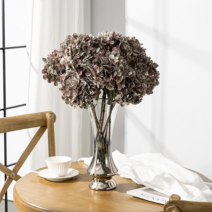 Artificial Flower Fake Silk Hydrangea Heads Bouquet with Stems Bulk for Fall Decoration Table Center Christmas Indoor Outdoor Faux Floral Realistic with Leaves Plants Crafts 8PCS(Brown)