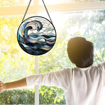 Stained Glass Window Hanging, Ocean Waves Sun Catchers Diamond Glass Panel Hangings Abstract Suncatcher Decor for Birthday for Women, Men, Wife, Aunt, and Mom 7.8 in