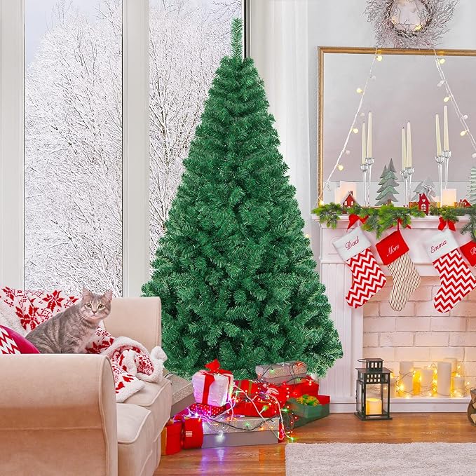 HAPPYGRILL 6FT Artificial Christmas Tree, Luxuriant Verdant Realistic Xmas Tree with 650 PVC Branch Tips & Folding Metal Stand, Unlit Pine Tree for Festival Parties Decoration