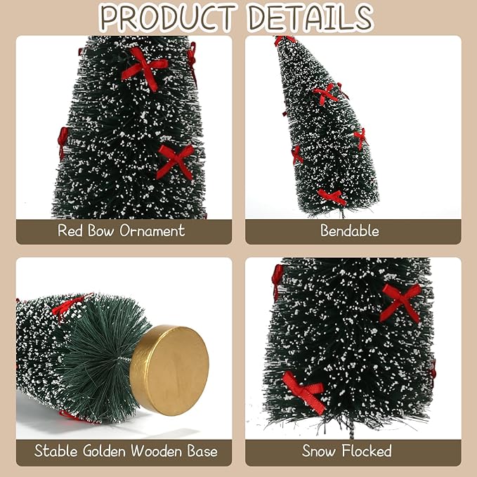 6 Pack Mini Christmas Trees, Small Miniature Frosted Bottle Brush Christmas Tree Decorations Tiny Tabletop Sisal Trees with Bows for Tiered Tray Mantel Winter Village Holiday Décor Assorted Sizes
