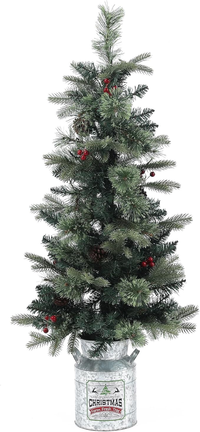LuxenHome 4FT Small Christmas Tree, Prelit Slim Potted Artificial Christmas Trees with 100 Warm White LED Lights, Realistic Faux Pine Tree with Rustic Metal Pot for Indoor, Outdoor Holiday Decor