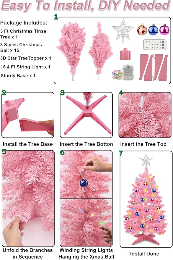 3 Ft Premium Pink Christmas Tree Dual Color Change 12 Modes Timer DIY 50 Warm White & Multicolor Lights 15 Ball Ornaments Star Artificial Small Full Xmas Tree Battery Operated Table Home Indoor