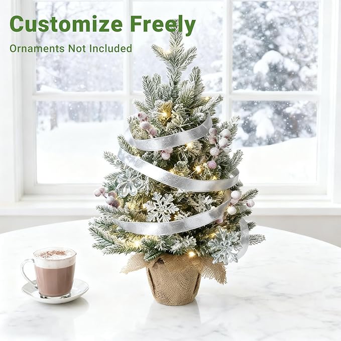 ELYKEN 22'' Mini Christmas Tree with LED Lights, Small Tabletop Artificial Christmas Xmas Holiday Party Decorations with Red Berries Pine Cones for Desk, Indoor Decor