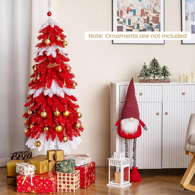 Happygrill 5 FT Artificial Christmas Tree, Candy Cane Xmas Tree with 301 Branch Tips, 100 Warm White LED Lights & Metal Base, Holiday Decoration Tree for Party Carnival