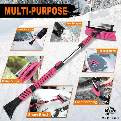 METOWARE 44'' Snow Brush and Ice Scrapers for Car Windshield, Extendable Snow Brush for Car with Ergonomic Foam Grip and 360° Pivoting Brush Head for Car SUV Truck Pink