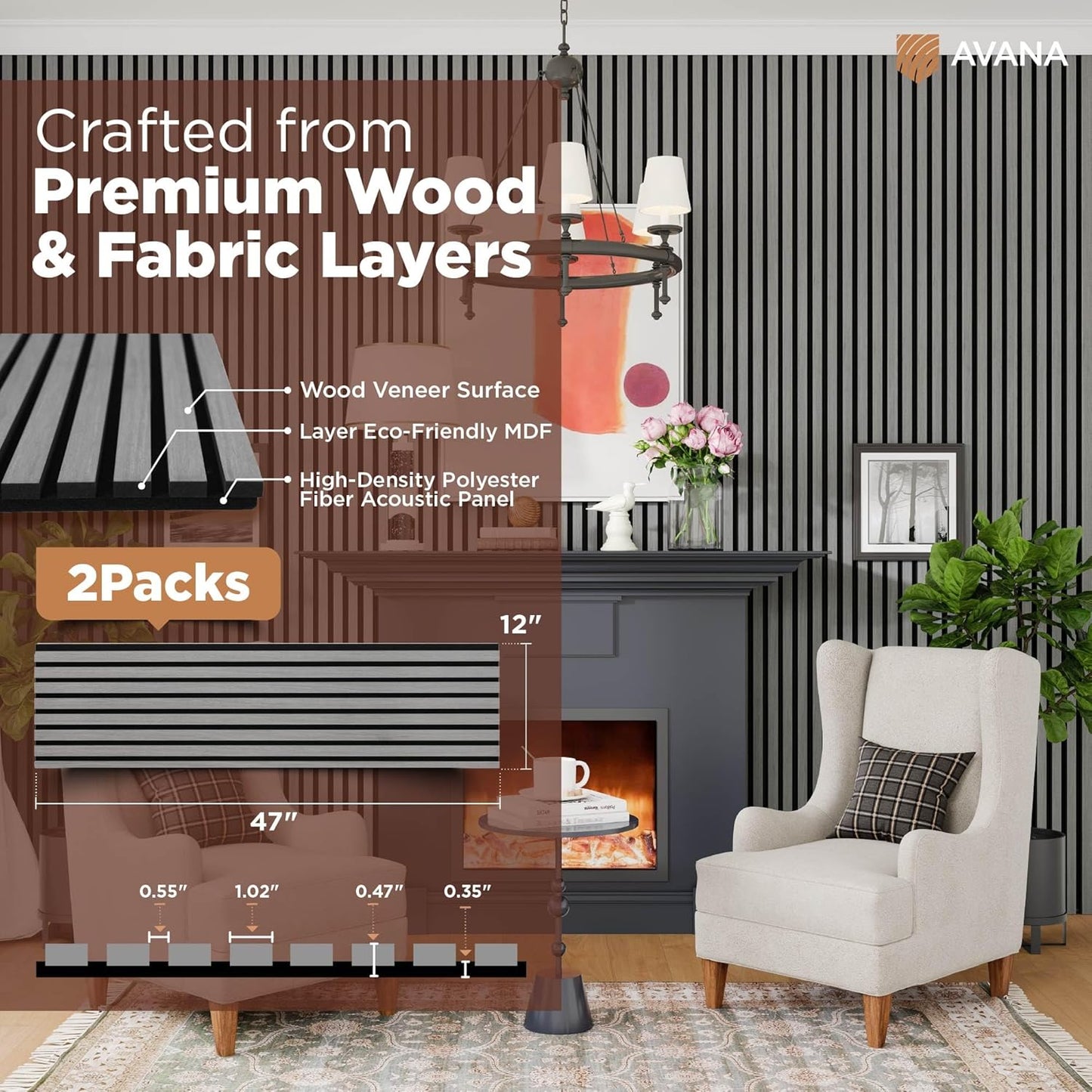 Avana Acoustic Wood Wall Panels – 47.2 X 12.6 Inch Gray Oak Acoustic Panels 2 PCs – Modern Wall Panels For Interior Wall Decor For Homes, Offices, Studios – Sturdy And Durable Wood Panels For Wall