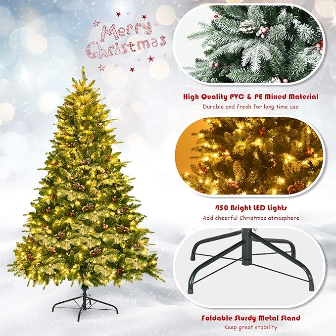 Happygrill 6.5FT Pre-lit Snow Flocked Christmas Tree Classic Natural Christmas Tree with 450 LED Lights Foldable Stand PVC PE Mixed Thick Leaves