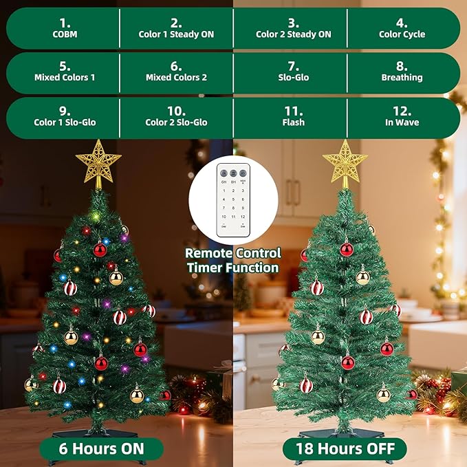 3 FT Small Christmas Tree with Lights, 12 Lighting Modes, Timer&Ornaments, Mini Fake Artificial Xmas Tree for Tabletop, Home, Office, Christmas Decoration Tree Decor