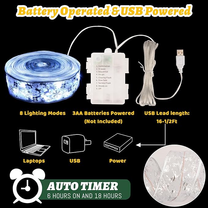 Christmas Decorations, 2.5Inch x 33Ft 100 Led Christmas Tree Ribbon Lights with Remote Control, Battery Operated & USB Powered 8 Lighting Modes Fairy String Lights with Timer for Xmas Decor
