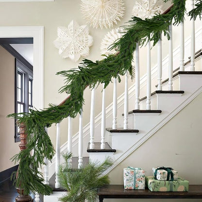 2Pcs 9FT Norfolk Pine Garland Christmas Dense Winter Pine Garland Green Artificial Faux Greenery Real Touch Garlands for Mantle, Wall, Table, Home Xmas Holiday Decor